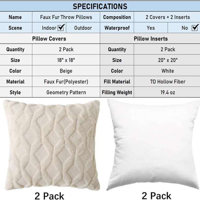 18" x 18" Decorative Throw Pillow with Inserts, Set of 2 Soft Faux Fur Throw Pillows, Square Boho Pillow for Couch, Bed, Sofa Decor, Beige.