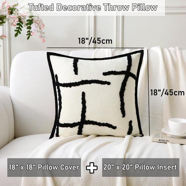 Boho Decorative Throw Pillows with Inserts, 18" x 18" Soft Tufted Modern Chenille Pillow, Pillows for Home, Patio, Couch, Bedroom, Living Room (Black Lines - Cream White Background).