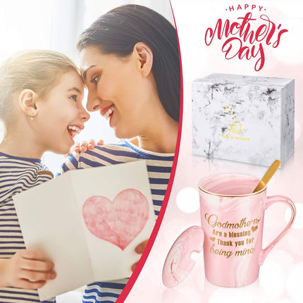 Godmothers Marble Coffee Mug, Godmother Gifts From Godchild, Godmother's Gift for Birthday Mother's Day Christmas, Godmother Proposal Gifts Marble Mug with Spoon Lid and Gift Box, 14 Oz.