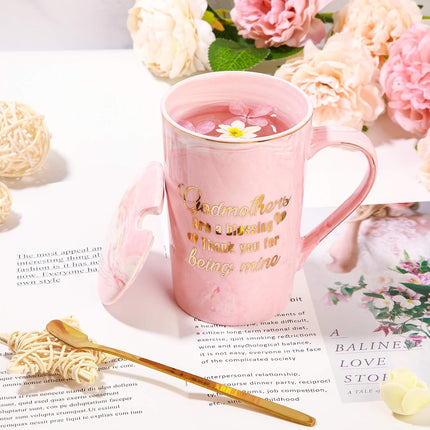 Godmothers Marble Coffee Mug, Godmother Gifts From Godchild, Godmother's Gift for Birthday Mother's Day Christmas, Godmother Proposal Gifts Marble Mug with Spoon Lid and Gift Box, 14 Oz.