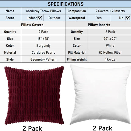 2 Pack Corduroy Decorative Throw Pillow with Inserts, 18x18 Inch Soft Boho Throw Pillow, Square Striped Throw Pillows for Couch, Bed, Sofa Decor (Burgundy).
