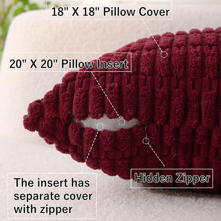 2 Pack Corduroy Decorative Throw Pillow with Inserts, 18x18 Inch Soft Boho Throw Pillow, Square Striped Throw Pillows for Couch, Bed, Sofa Decor (Burgundy).