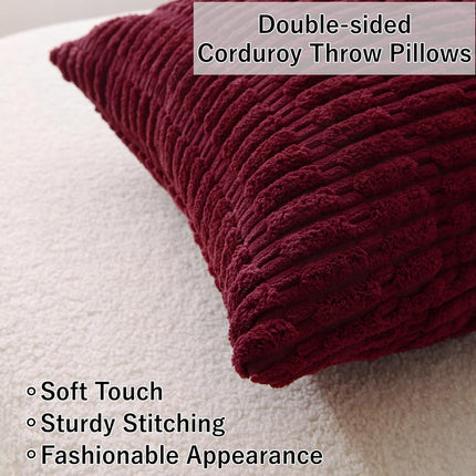 2 Pack Corduroy Decorative Throw Pillow with Inserts, 18x18 Inch Soft Boho Throw Pillow, Square Striped Throw Pillows for Couch, Bed, Sofa Decor (Burgundy).