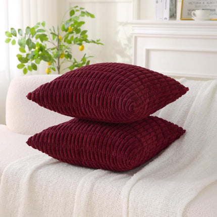 2 Pack Corduroy Decorative Throw Pillow with Inserts, 18x18 Inch Soft Boho Throw Pillow, Square Striped Throw Pillows for Couch, Bed, Sofa Decor (Burgundy).