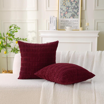 2 Pack Corduroy Decorative Throw Pillow with Inserts, 18x18 Inch Soft Boho Throw Pillow, Square Striped Throw Pillows for Couch, Bed, Sofa Decor (Burgundy).