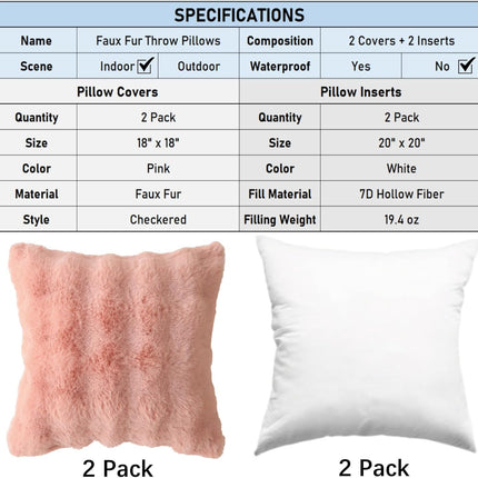 Faux Fur Plush Pillow with Inserts Set of 2, Soft 18" x 18" Decorative Throw Pillows, Square Boho Medium Plaid Pillow for Couch, Bed, Sofa Bedroom Decor (Pink).