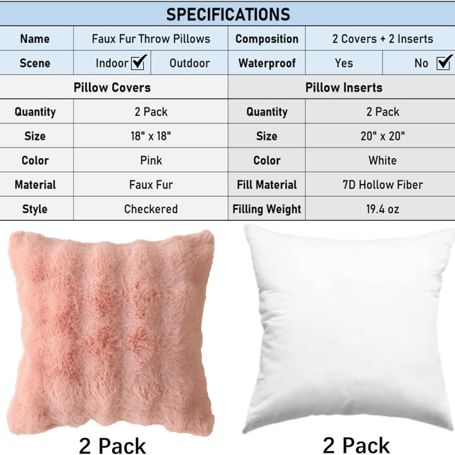 Faux Fur Plush Pillow with Inserts Set of 2, Soft 18" x 18" Decorative Throw Pillows, Square Boho Medium Plaid Pillow for Couch, Bed, Sofa Bedroom Decor (Pink).