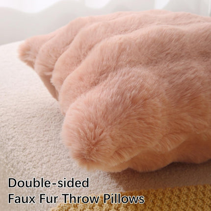 Faux Fur Plush Pillow with Inserts Set of 2, Soft 18" x 18" Decorative Throw Pillows, Square Boho Medium Plaid Pillow for Couch, Bed, Sofa Bedroom Decor (Pink).