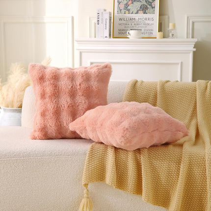 Faux Fur Plush Pillow with Inserts Set of 2, Soft 18" x 18" Decorative Throw Pillows, Square Boho Medium Plaid Pillow for Couch, Bed, Sofa Bedroom Decor (Pink).