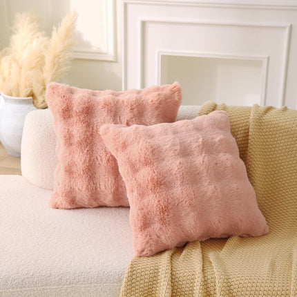 Faux Fur Plush Pillow with Inserts Set of 2, Soft 18" x 18" Decorative Throw Pillows, Square Boho Medium Plaid Pillow for Couch, Bed, Sofa Bedroom Decor (Pink).