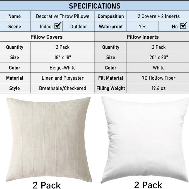 18" x 18" Decorative Throw Pillow with Inserts, Set of 2 Modern Neutral Farmhouse Vintage Throw Pillows, Square Boho Pillow for Couch, Bed, Sofa Decor (Beige, 18" x 18"(Pack of 2)).