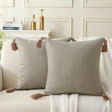 18" x 18" Decorative Throw Pillow with Inserts, Set of 2 Farmhouse Neutral Couch Throw Pillows with Tassels, Square Boho Pillow for Couch, Bed, Sofa Decor (Khaki, 18" x 18"(Pack of 2)).