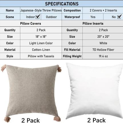 18" x 18" Decorative Throw Pillow with Inserts, Set of 2 Farmhouse Neutral Couch Throw Pillows with Tassels, Square Boho Pillow for Couch, Bed, Sofa Decor (Khaki, 18" x 18"(Pack of 2)).