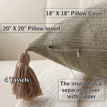 18" x 18" Decorative Throw Pillow with Inserts, Set of 2 Farmhouse Neutral Couch Throw Pillows with Tassels, Square Boho Pillow for Couch, Bed, Sofa Decor (Khaki, 18" x 18"(Pack of 2)).