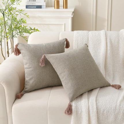 18" x 18" Decorative Throw Pillow with Inserts, Set of 2 Farmhouse Neutral Couch Throw Pillows with Tassels, Square Boho Pillow for Couch, Bed, Sofa Decor (Khaki, 18" x 18"(Pack of 2)).