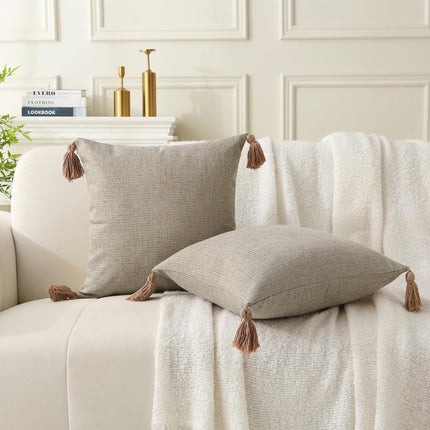 18" x 18" Decorative Throw Pillow with Inserts, Set of 2 Farmhouse Neutral Couch Throw Pillows with Tassels, Square Boho Pillow for Couch, Bed, Sofa Decor (Khaki, 18" x 18"(Pack of 2)).