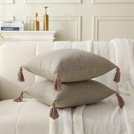 18" x 18" Decorative Throw Pillow with Inserts, Set of 2 Farmhouse Neutral Couch Throw Pillows with Tassels, Square Boho Pillow for Couch, Bed, Sofa Decor (Khaki, 18" x 18"(Pack of 2)).