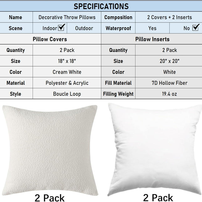 18" x 18" Decorative Throw Pillow with Inserts, Set of 2 Soft Textured Boucle Throw Pillows, Square Boho Pillow for Couch, Bed, Sofa Decor (White, 18" x 18"(Pack of 2)).