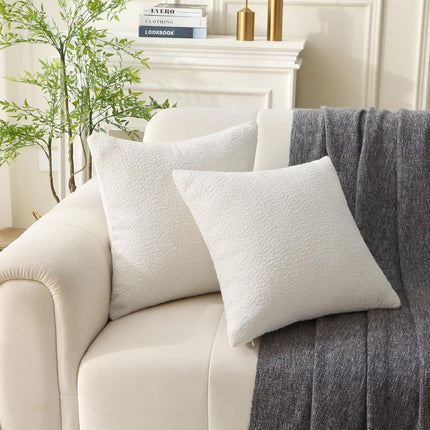 18" x 18" Decorative Throw Pillow with Inserts, Set of 2 Soft Textured Boucle Throw Pillows, Square Boho Pillow for Couch, Bed, Sofa Decor (White, 18" x 18"(Pack of 2)).