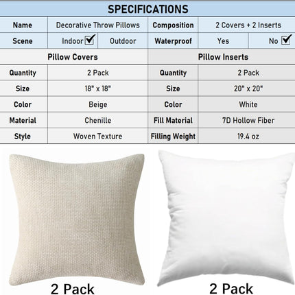 18" x 18" Decorative Throw Pillow with Inserts, Set of 2 Soft Modern Farmhouse Weave Pattern Throw Pillows, Square Boho Pillow for Couch, Bed, Sofa Decor (Beige, 18" x 18"(Pack of 2)).