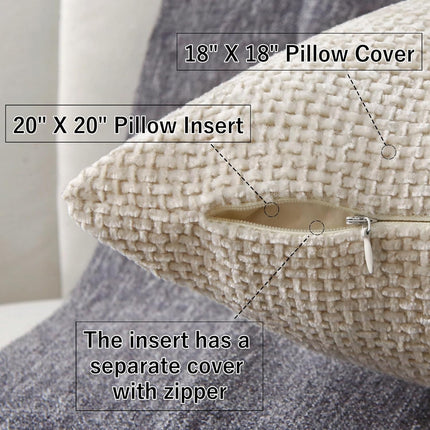 18" x 18" Decorative Throw Pillow with Inserts, Set of 2 Soft Modern Farmhouse Weave Pattern Throw Pillows, Square Boho Pillow for Couch, Bed, Sofa Decor (Beige, 18" x 18"(Pack of 2)).