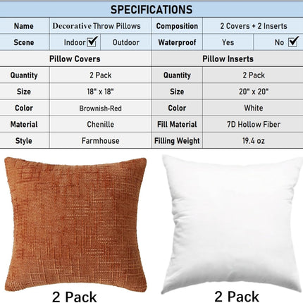 18" x 18" Decorative Throw Pillow with Inserts, Set of 2 Soft Modern Farmhouse Throw Pillows, Square Boho Pillow for Couch, Bed, Sofa Decor (Brick-red, 18" x 18"(Pack of 2)).