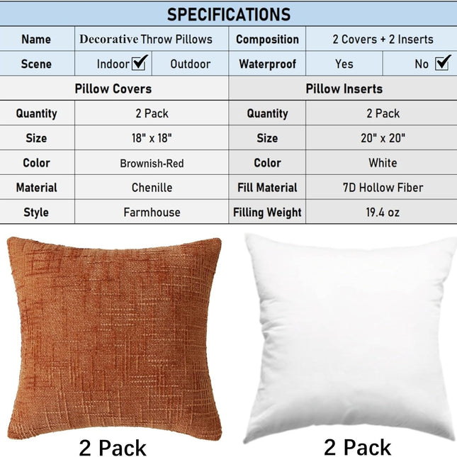 18" x 18" Decorative Throw Pillow with Inserts, Set of 2 Soft Modern Farmhouse Throw Pillows, Square Boho Pillow for Couch, Bed, Sofa Decor (Brick-red, 18" x 18"(Pack of 2)).