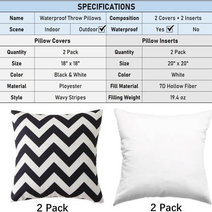 18" x 18" Throw Pillows with Inserts, Pack of 2 Outdoor Waterproof Striped Pillow, Square Decorative Pillows for Patio Furniture Garden Couch Sofa Home (Black Wavy Stripes).