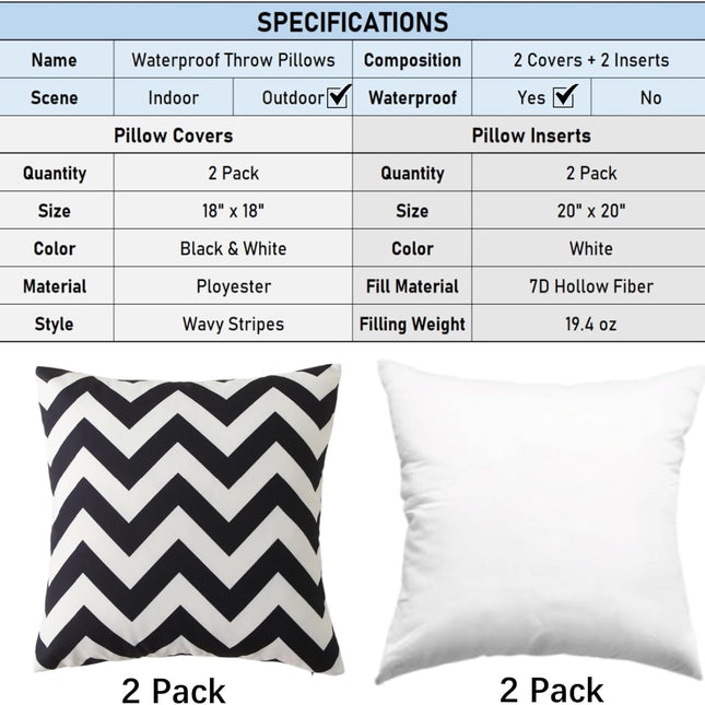 18" x 18" Throw Pillows with Inserts, Pack of 2 Outdoor Waterproof Striped Pillow, Square Decorative Pillows for Patio Furniture Garden Couch Sofa Home (Black Wavy Stripes).