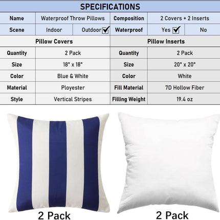 18" x 18" Throw Pillows with Inserts, Pack of 2 Outdoor Waterproof Striped Pillow, Square Decorative Pillows for Patio Furniture Garden Couch Sofa Home (Blue Vertical Stripes).
