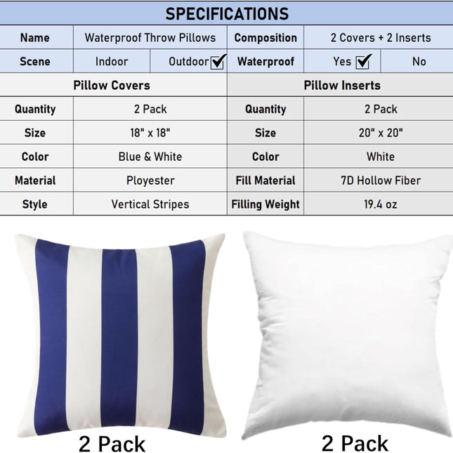 18" x 18" Throw Pillows with Inserts, Pack of 2 Outdoor Waterproof Striped Pillow, Square Decorative Pillows for Patio Furniture Garden Couch Sofa Home (Blue Vertical Stripes).