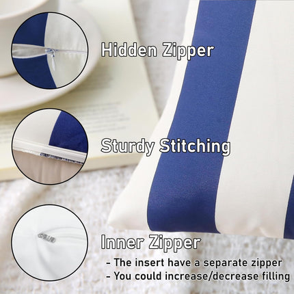 18" x 18" Throw Pillows with Inserts, Pack of 2 Outdoor Waterproof Striped Pillow, Square Decorative Pillows for Patio Furniture Garden Couch Sofa Home (Blue Vertical Stripes).