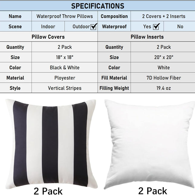 18" x 18" Throw Pillows with Inserts, Pack of 2 Outdoor Waterproof Striped Pillow, Square Decorative Pillows for Patio Furniture Garden Couch Sofa Home (Black Vertical Stripes).