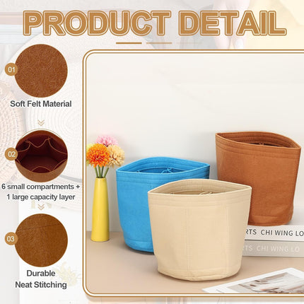 Purse Organizer Insert, 8" x 8" Portable Felt Organizer Bags Round Multiple Compartments Purse Liner for Bucket Bag, Domed Satchel, Tote Bag, Handbag Shaper, Camel.