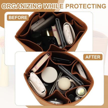Purse Organizer Insert, 8" x 8" Portable Felt Organizer Bags Round Multiple Compartments Purse Liner for Bucket Bag, Domed Satchel, Tote Bag, Handbag Shaper, Camel.