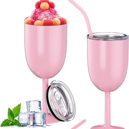 2 Pack Insulated Wine Glass 10 oz Stainless Steel Margarita Tumbler with Lid and Straw Vacuum Sealed Mug Wine Cup Gift for Women Men Christmas Birthday(Pink,Typical).