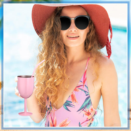 2 Pack Insulated Wine Glass 10 oz Stainless Steel Margarita Tumbler with Lid and Straw Vacuum Sealed Mug Wine Cup Gift for Women Men Christmas Birthday(Pink,Typical).