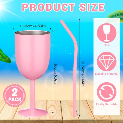 2 Pack Insulated Wine Glass 10 oz Stainless Steel Margarita Tumbler with Lid and Straw Vacuum Sealed Mug Wine Cup Gift for Women Men Christmas Birthday(Pink,Typical).