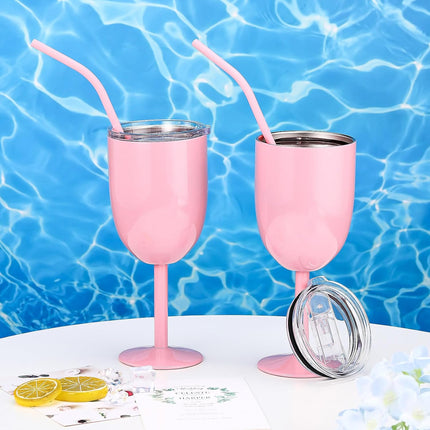 2 Pack Insulated Wine Glass 10 oz Stainless Steel Margarita Tumbler with Lid and Straw Vacuum Sealed Mug Wine Cup Gift for Women Men Christmas Birthday(Pink,Typical).