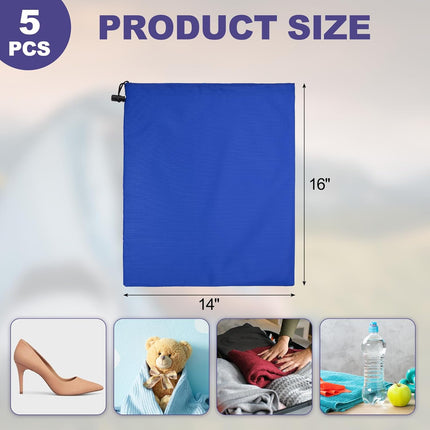5Pcs 210D Polyester Drawstring Bag with Toggle, 14 x 16 Inch Waterproof Travel Storage Bag Foldable Stuff Sack Cinch Sack for Gym Travel Hiking Yoga Clothes Organizer, Dark Blue.
