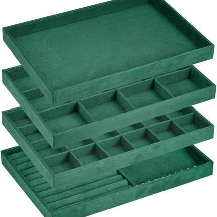 Jewelry Tray, 4 Set of Stackable Jewelry Display Tray, Velvet Jewelry Organizer, Storage Box for Ring Earring Necklace Bracelet (Dark Green).