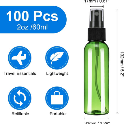 100Pack Spray Bottles, 2Oz/60ML Reusable Clear Empty Mist Plastic Mini Travel Bottle Set,Small Refillable Liquid Containers for Household Use, Essential Oil, Cleaning (Green Black).