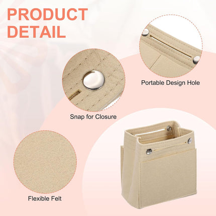 Purse Organizer Insert, Portable Felt Organizer Bags with Snap Multiple Compartments Purse Liner for Domed Satchel, Tote Bag, Handbag Shaper (7" x 4" x 6.3", Beige).