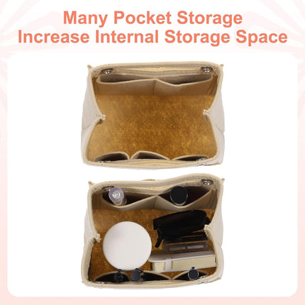 Purse Organizer Insert, Portable Felt Organizer Bags with Snap Multiple Compartments Purse Liner for Domed Satchel, Tote Bag, Handbag Shaper (7" x 4" x 6.3", Beige).