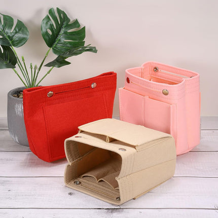 Purse Organizer Insert, Portable Felt Organizer Bags with Snap Multiple Compartments Purse Liner for Domed Satchel, Tote Bag, Handbag Shaper (7" x 4" x 6.3", Beige).