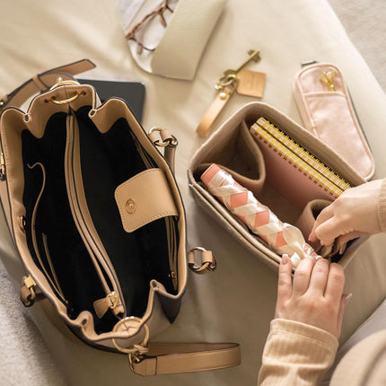 Purse Organizer Insert, Portable Felt Organizer Bags with Snap Multiple Compartments Purse Liner for Domed Satchel, Tote Bag, Handbag Shaper (7" x 4" x 6.3", Beige).