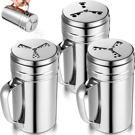 3 Pieces Seasoning Bottle with Handle Stainless Steel Spice Shaker Metal Versatile Dredge Shaker with Rotating Cover for Cooking Kitchen Gadget (Fan Style Lid,Large).