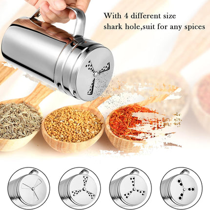 3 Pieces Seasoning Bottle with Handle Stainless Steel Spice Shaker Metal Versatile Dredge Shaker with Rotating Cover for Cooking Kitchen Gadget (Fan Style Lid,Large).