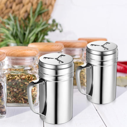 3 Pieces Seasoning Bottle with Handle Stainless Steel Spice Shaker Metal Versatile Dredge Shaker with Rotating Cover for Cooking Kitchen Gadget (Fan Style Lid,Large).