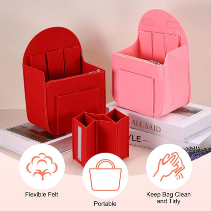 Purse Organizer Insert, Portable Felt Organizer Bags with Metal Zipper Multiple Compartments Purse Liner for Backpack Rucksack Handbag Shoulder Bag (7.7" x 5" x 11", Pink).